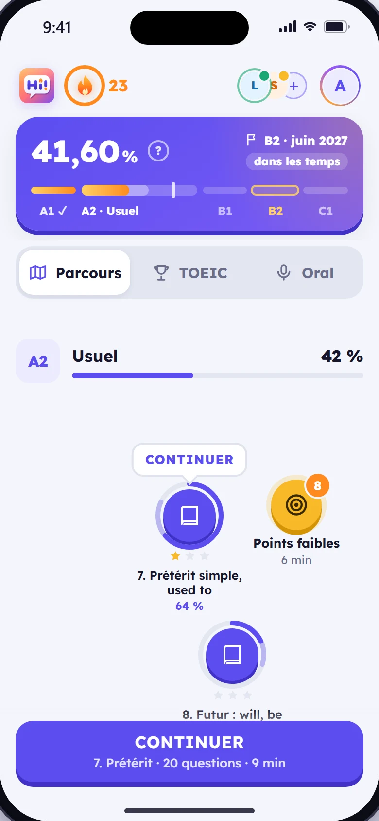 L’accueil de Hi! : 41,60 % du niveau A2, l’objectif B2 dans les temps, et la bulle Continuer.