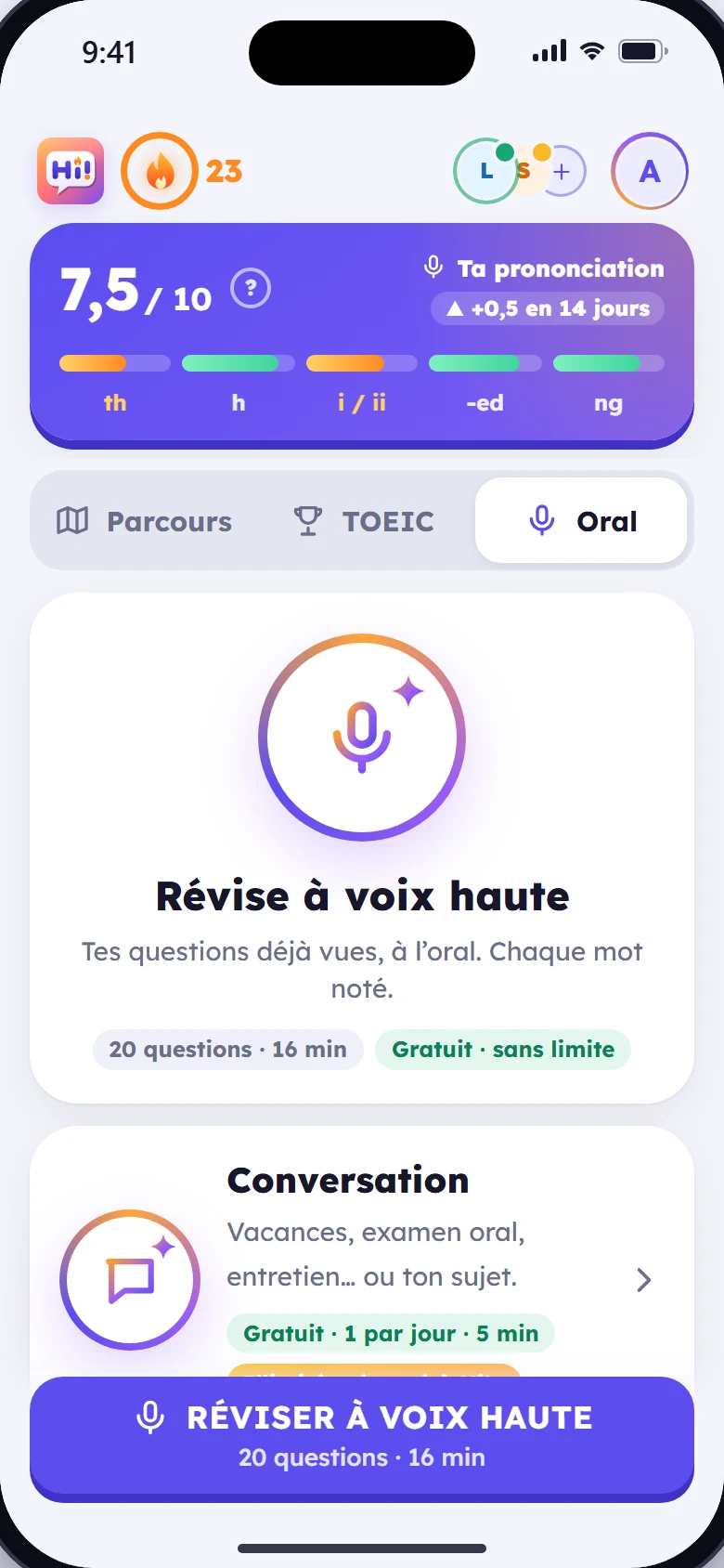 L’onglet Oral de Hi!&nbsp;: ta prononciation à 7,5 sur&nbsp;10, en hausse de 0,5 en 14&nbsp;jours, tes sons, et Révise à voix haute.
