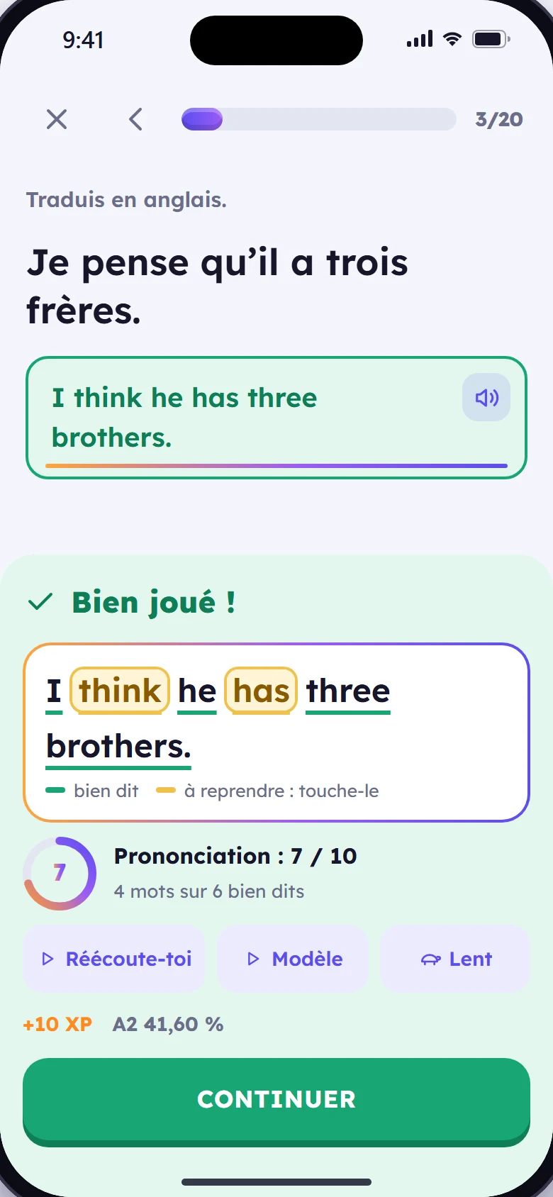 La note de la phrase&nbsp;: 7 sur&nbsp;10, 4 mots sur 6 bien dits, et les boutons Réécoute-toi, Modèle et Lent.