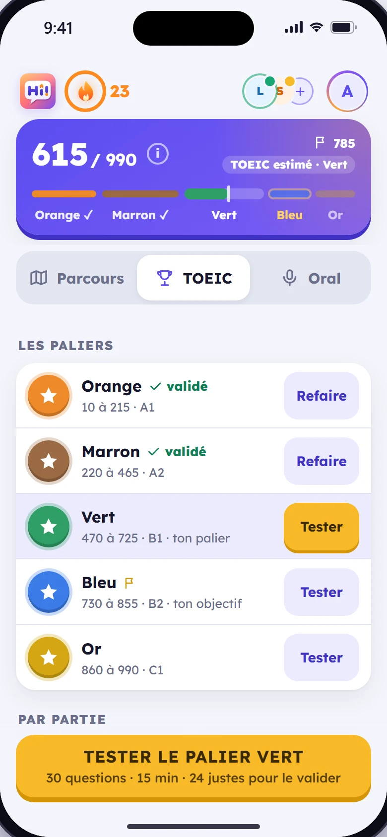 L’onglet TOEIC de Hi! : 615 sur 990, au palier Vert, l’objectif 785 au palier Bleu, et la liste des paliers à tester.